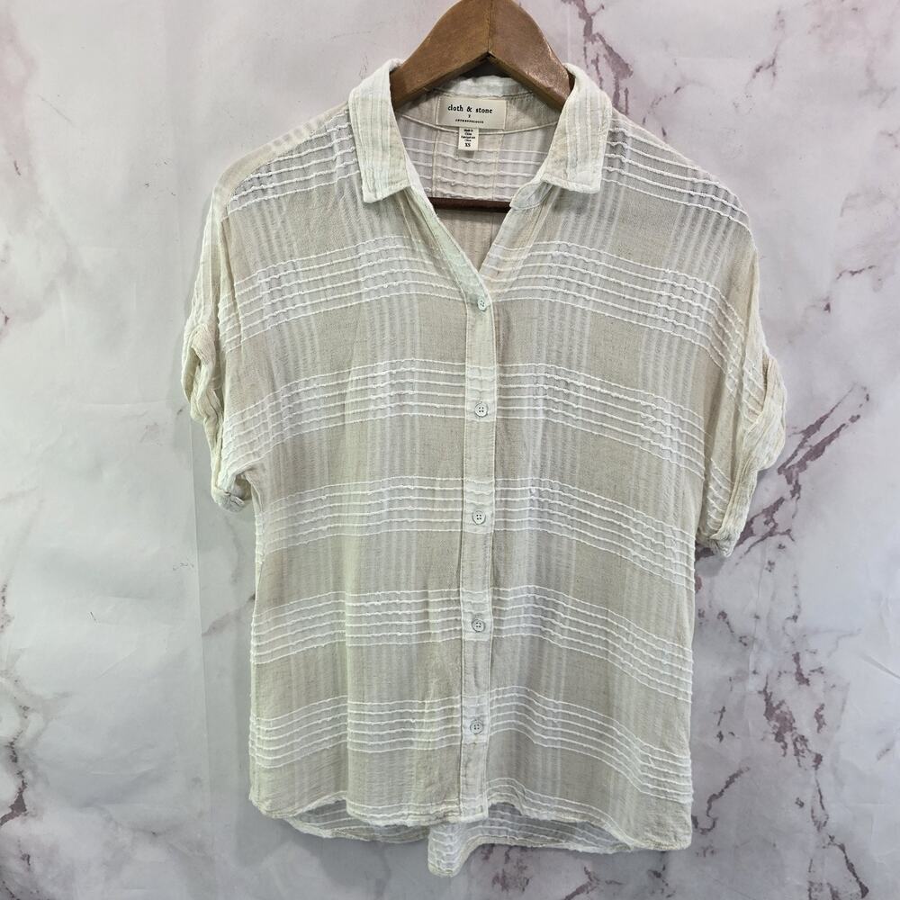 Cloth & Stone Shirt Womens XS White Beige Striped Anthropologie Button Linen